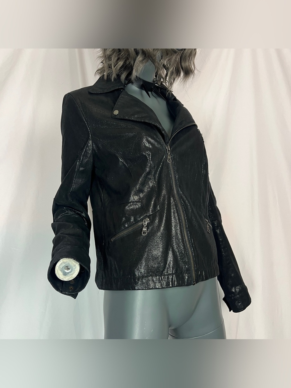 Glam Black Shimmer Asymmetrical Zipper Moto Jacket